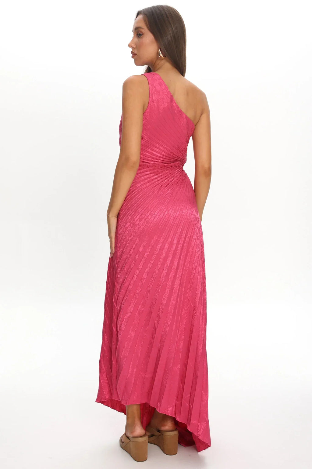 Amelie One-Shoulder Accordion Pleat Maxi Dress Floral Fuchsia