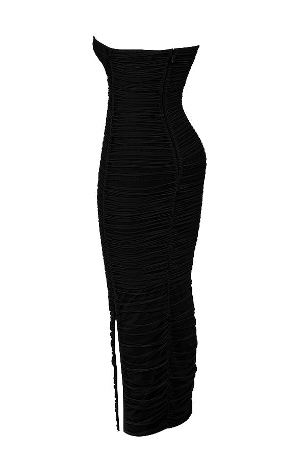 black mesh strapless maxi dress