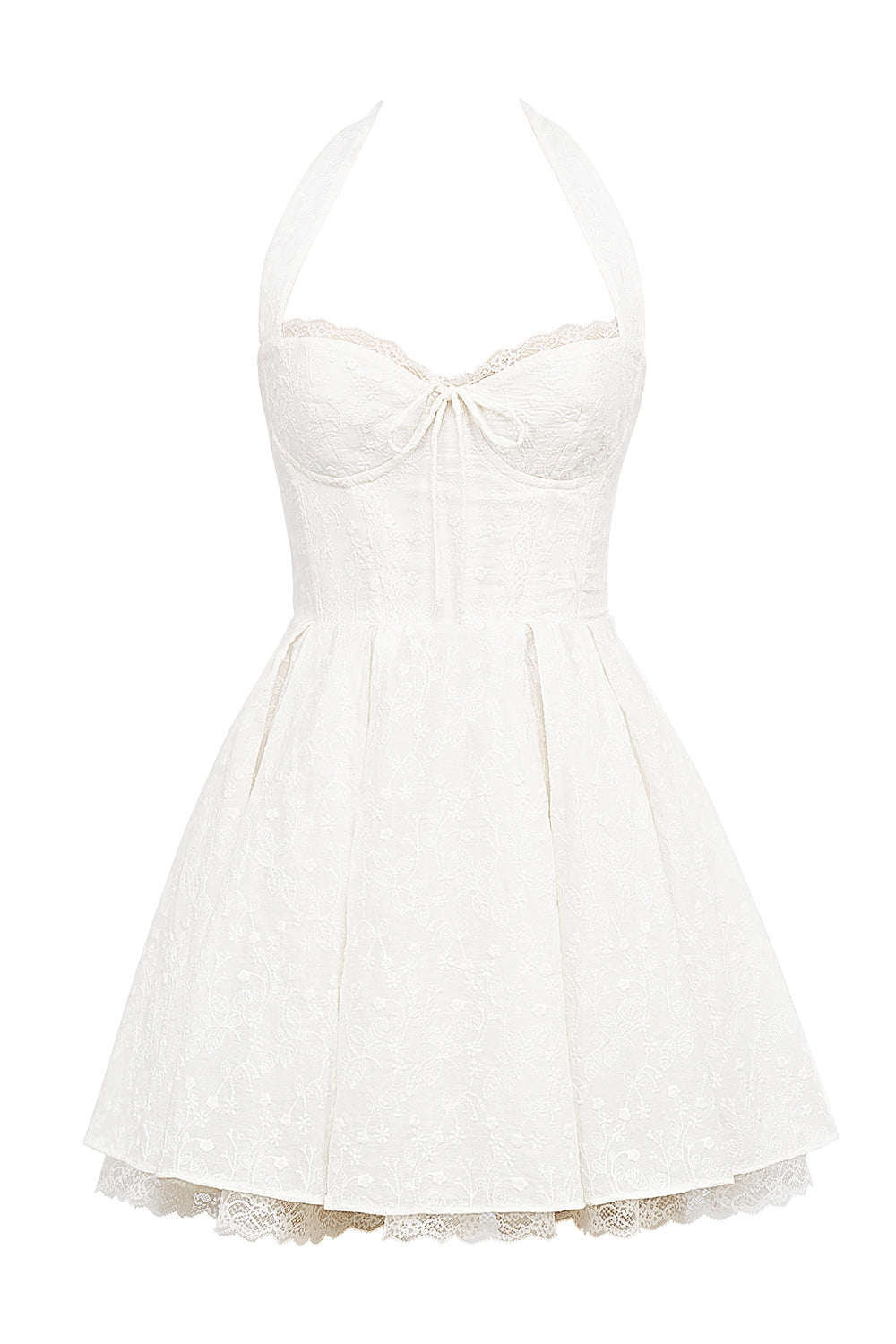 white broderie anglais halter mini dress