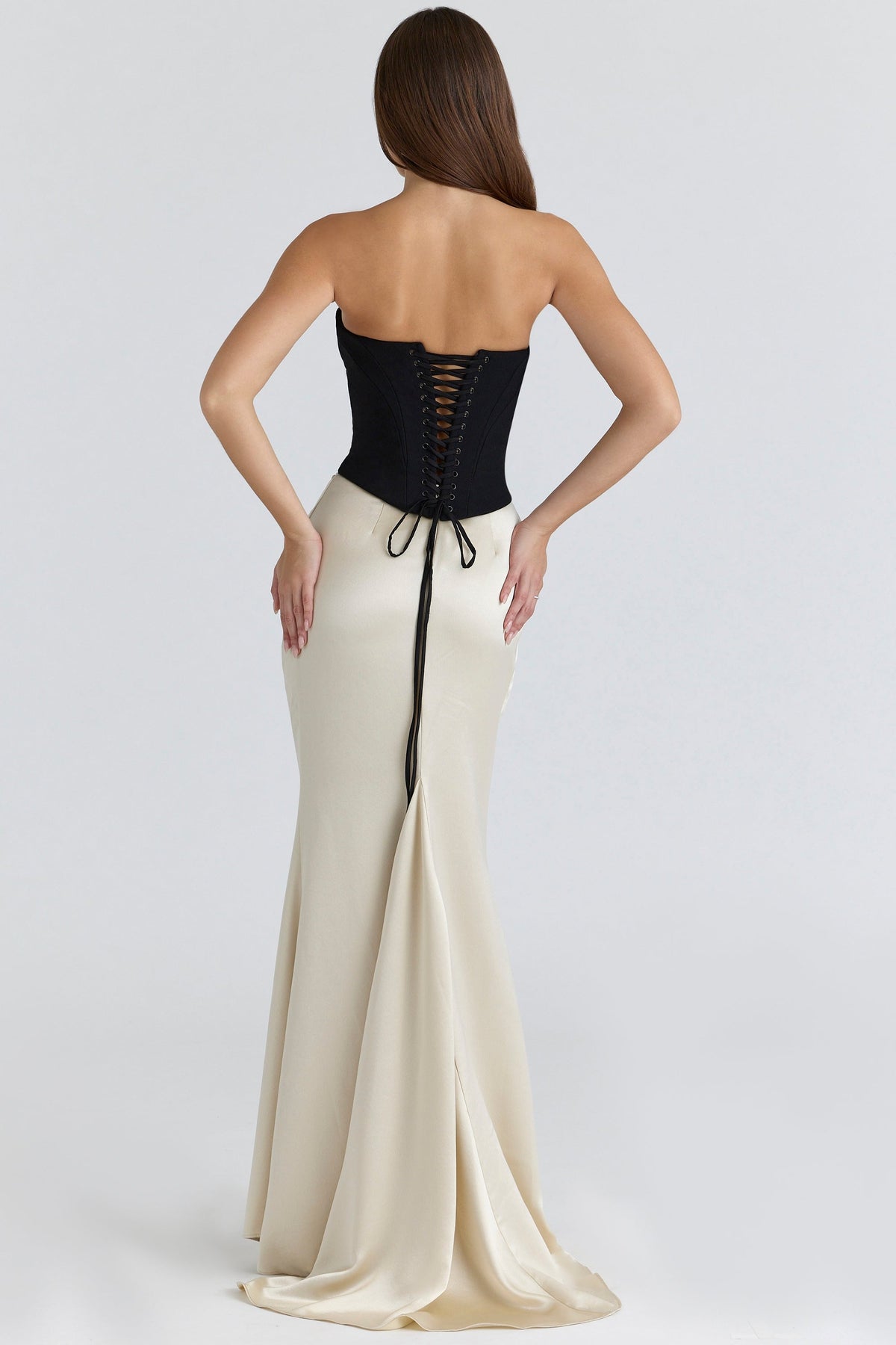 black & champagne corset maxi gown