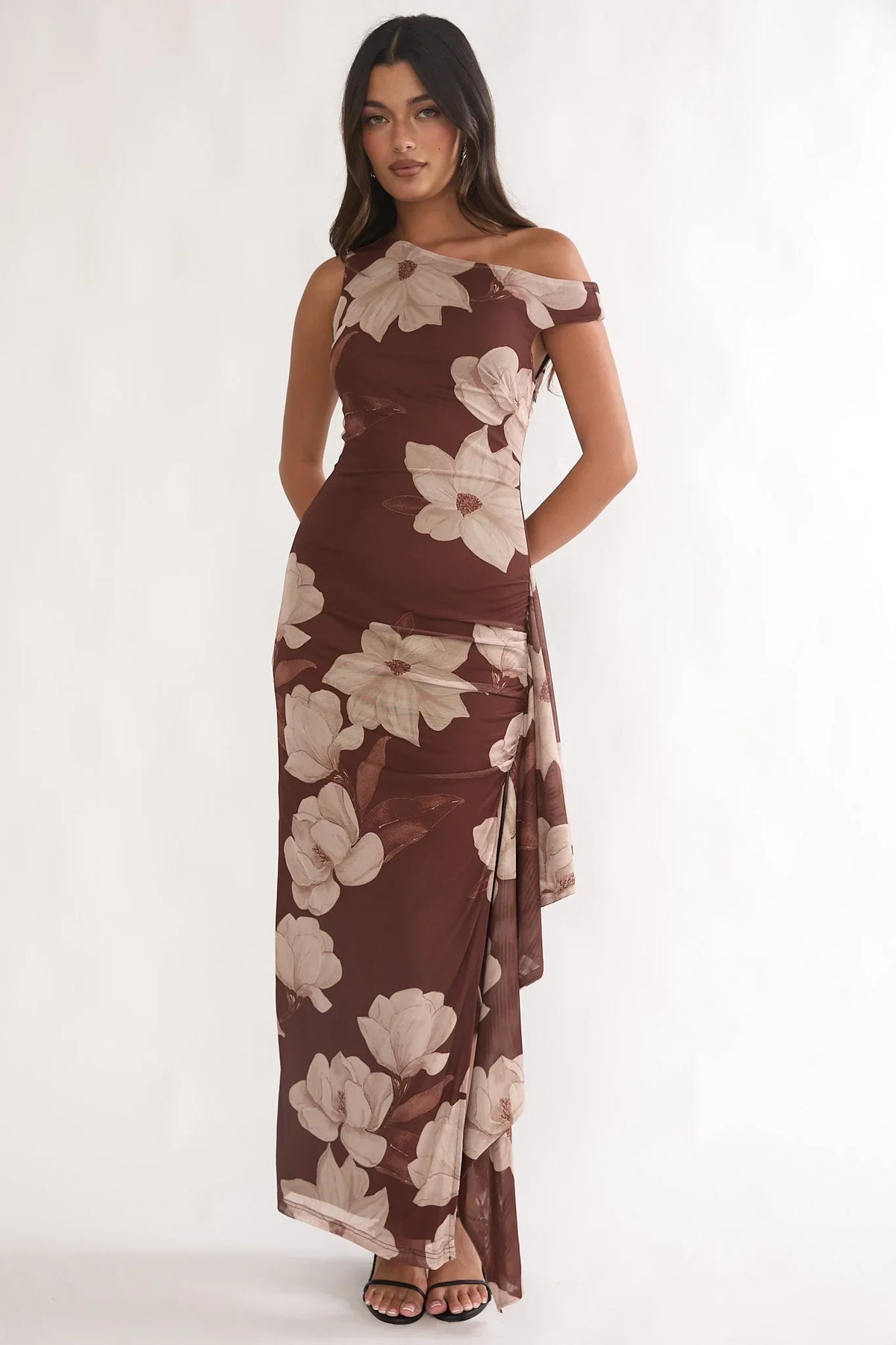 Raphaella Asymmetric Neckline Split Maxi Dress Magnolia Brown
