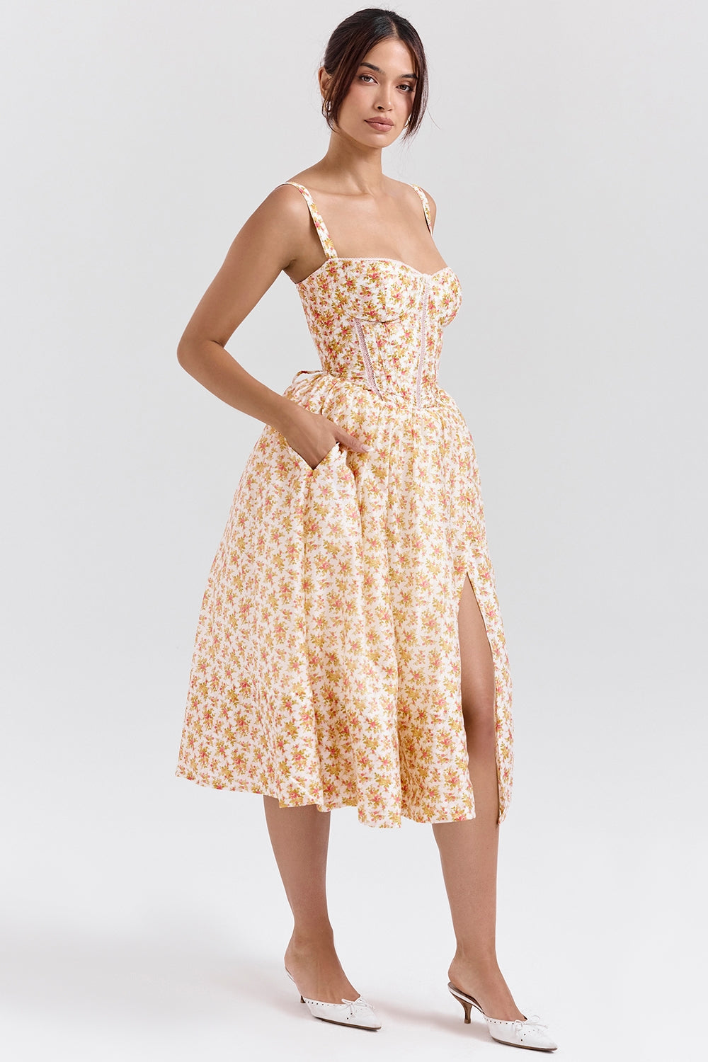 royal rose print corset midi sundress