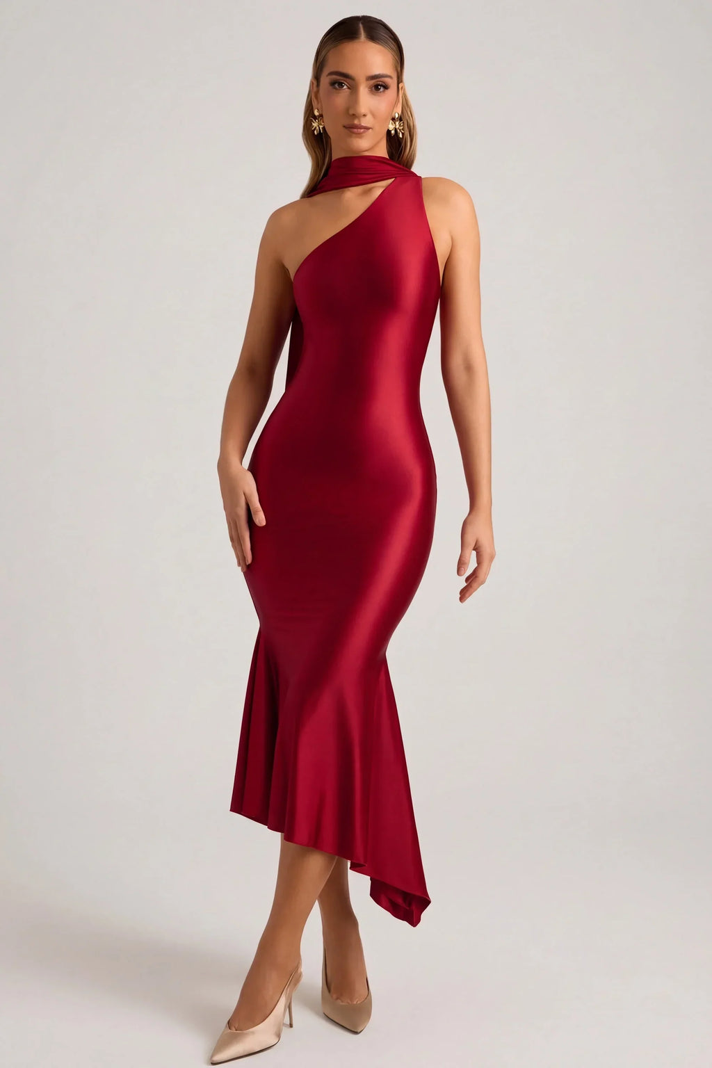 Asymmetric Scarf-Detail Midaxi Dress in True Red