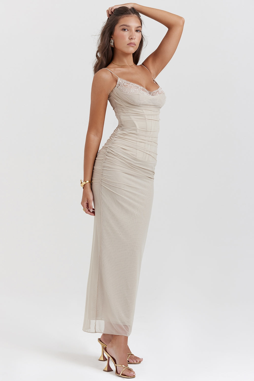 sand stretch mesh maxi dress