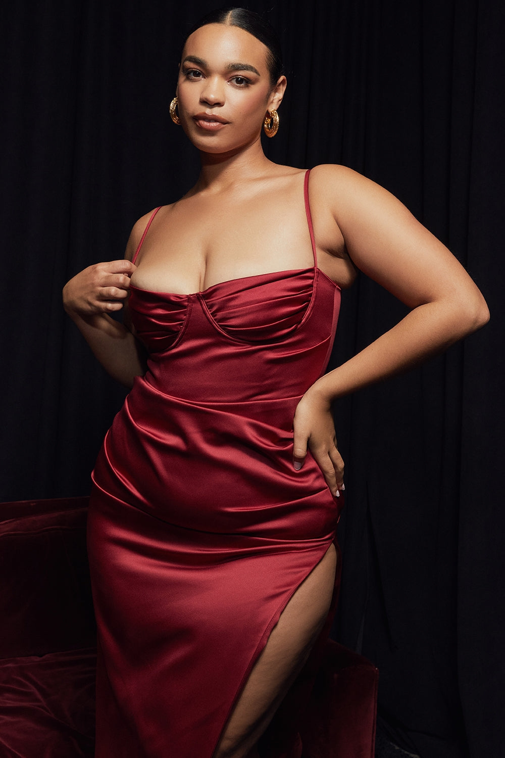wine satin pleated corset midi dress