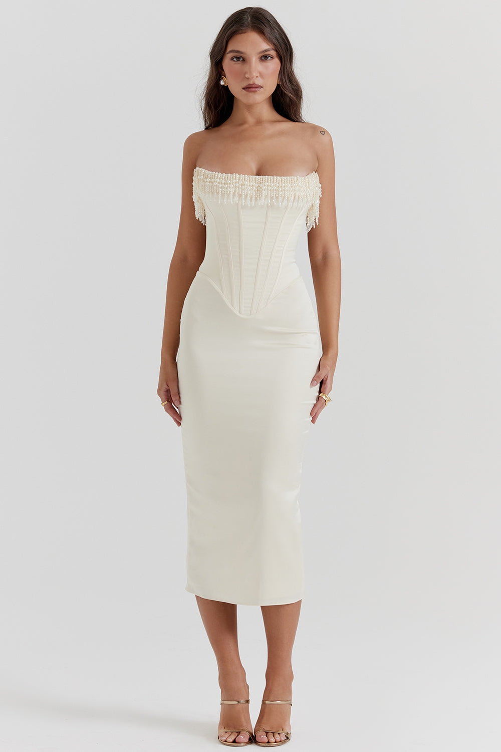 vintage cream embellished strapless dress