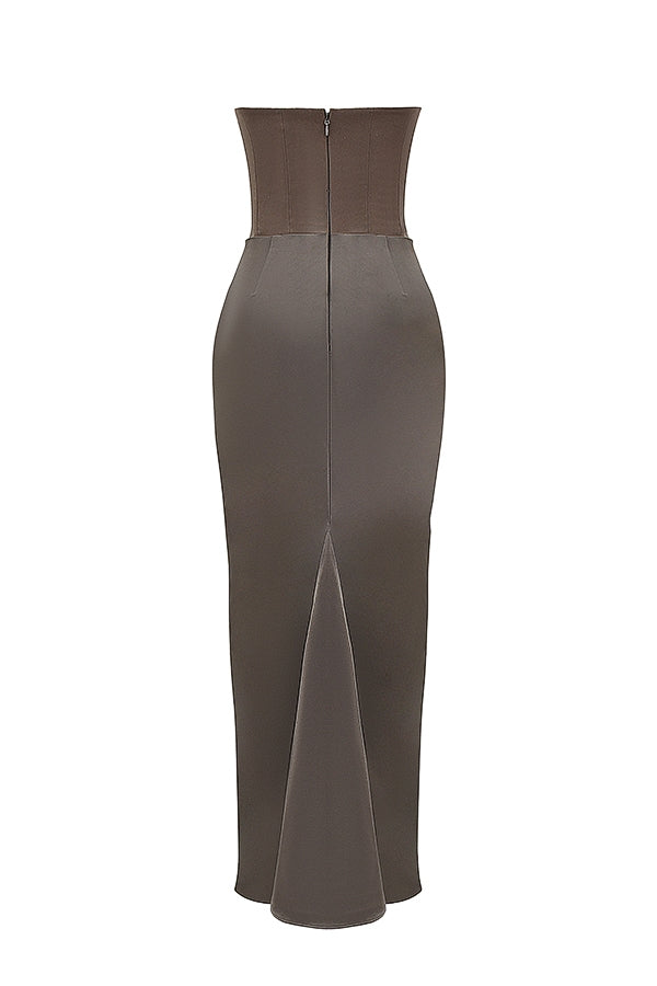 smoke strapless corset maxi dress