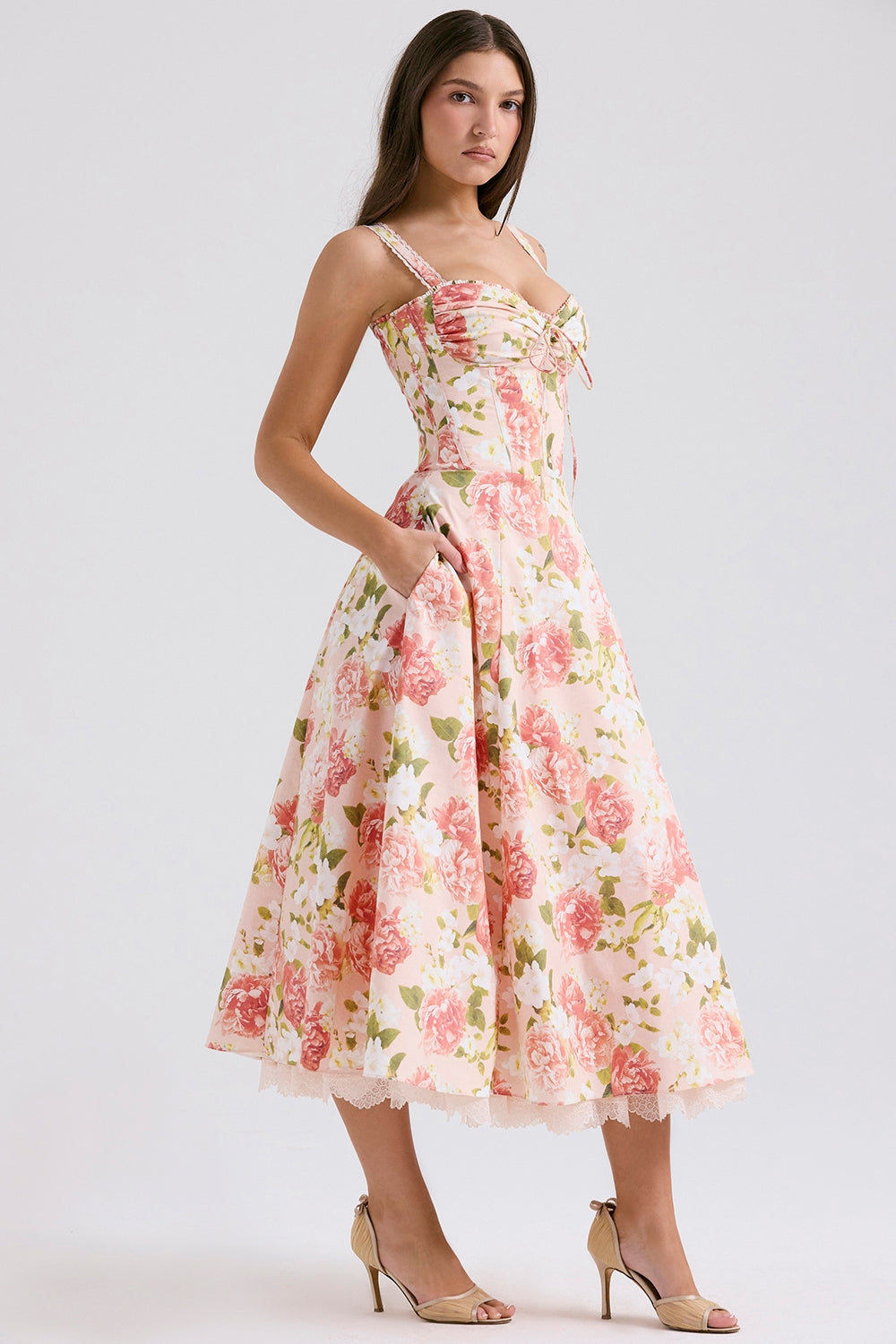 pink peony print cotton bustier sundress