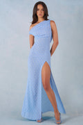One-Shoulder Maxi Dress in Blue Polka Dot Print