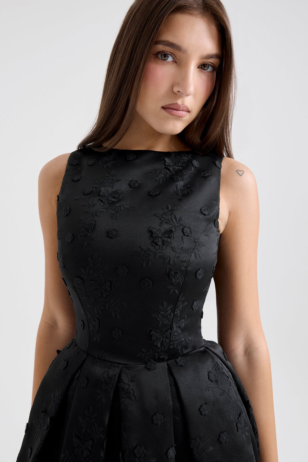black backless embroidered mini puffball dress
