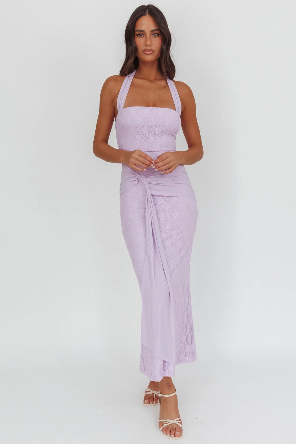 Luli Waist Sash Halter Maxi Dress Lace Lilac