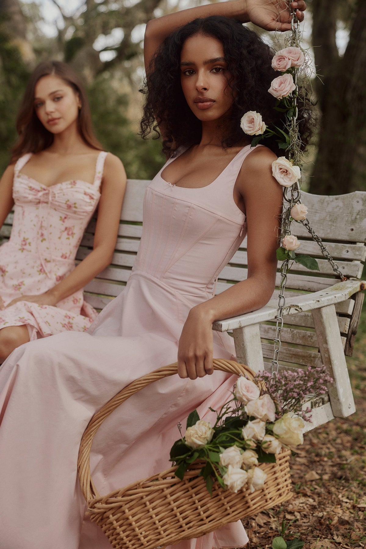 pink cotton lace up midi sundress