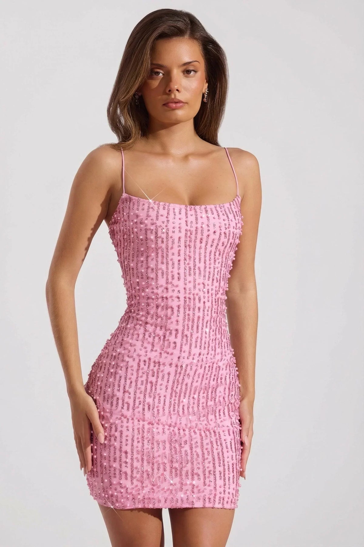 Embellished Scoop-Neck Bodycon Mini Dress in Pink