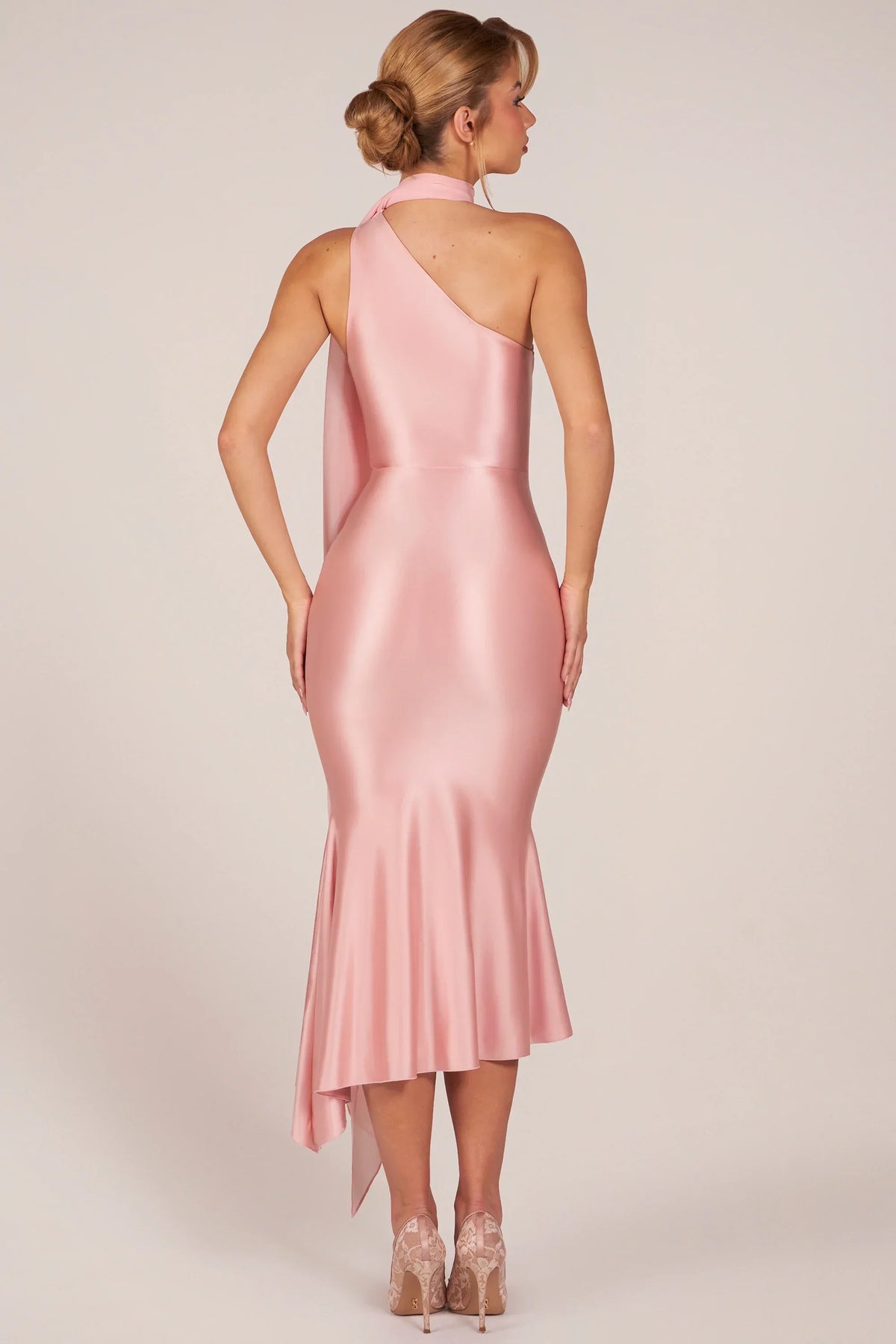 Scarf-Detail Midaxi Dress in Blush Pink