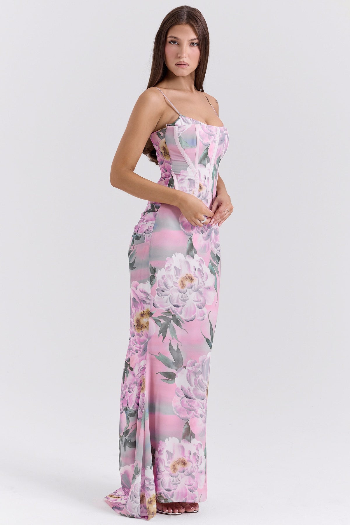 pink floral corset maxi dress