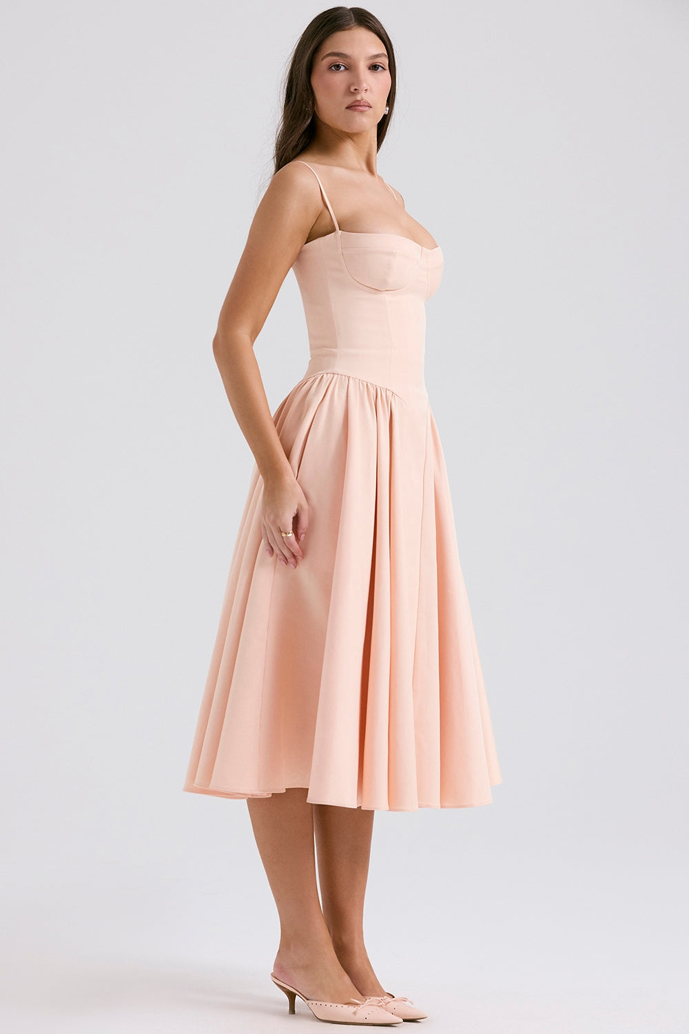 peach parfait twill corset midi dress