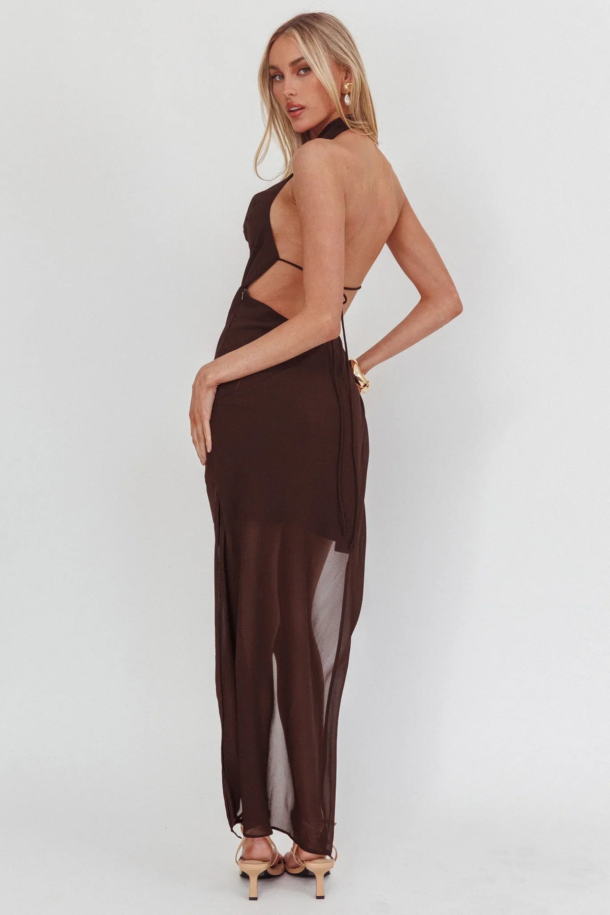 Make It Count Backless Cowl Maxi Dress Chocolate
