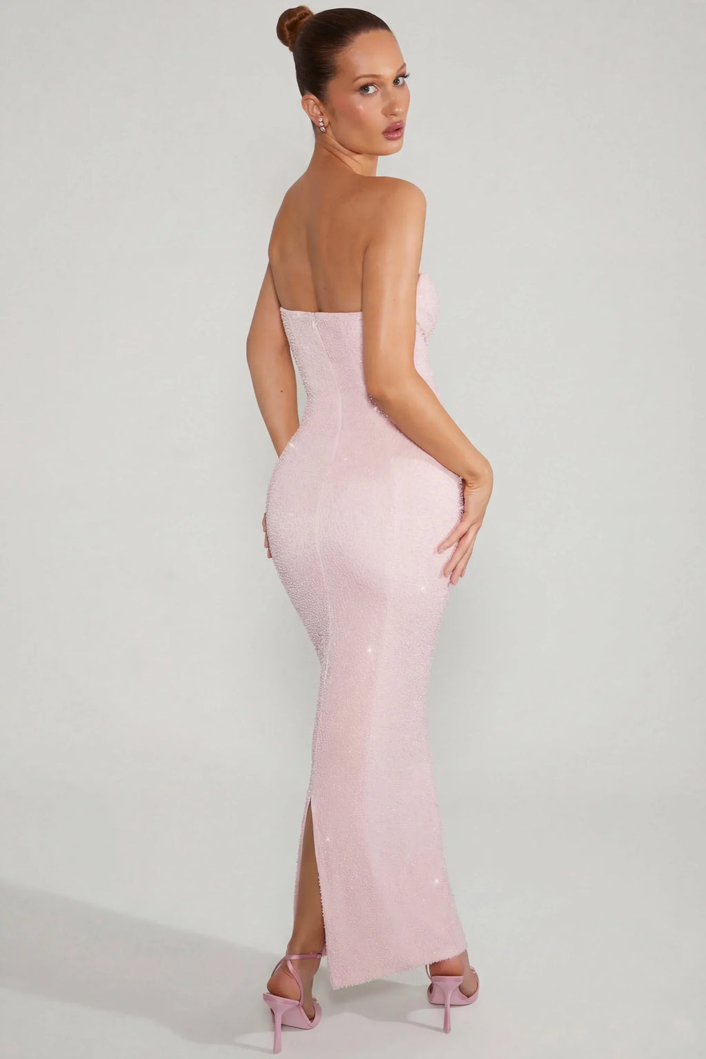 Embellished Bandeau Cowl Neck Maxi Dress in Blush