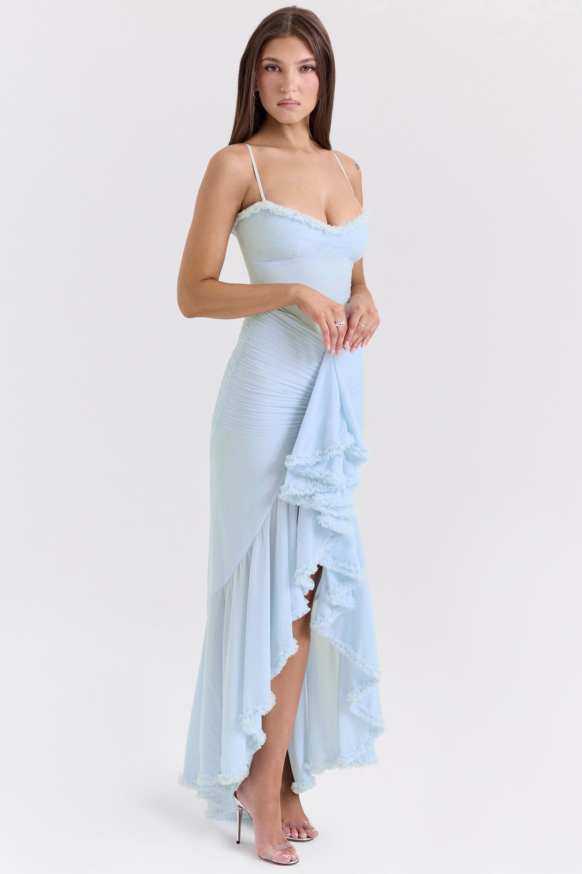 ice blue mesh ruffled front gown