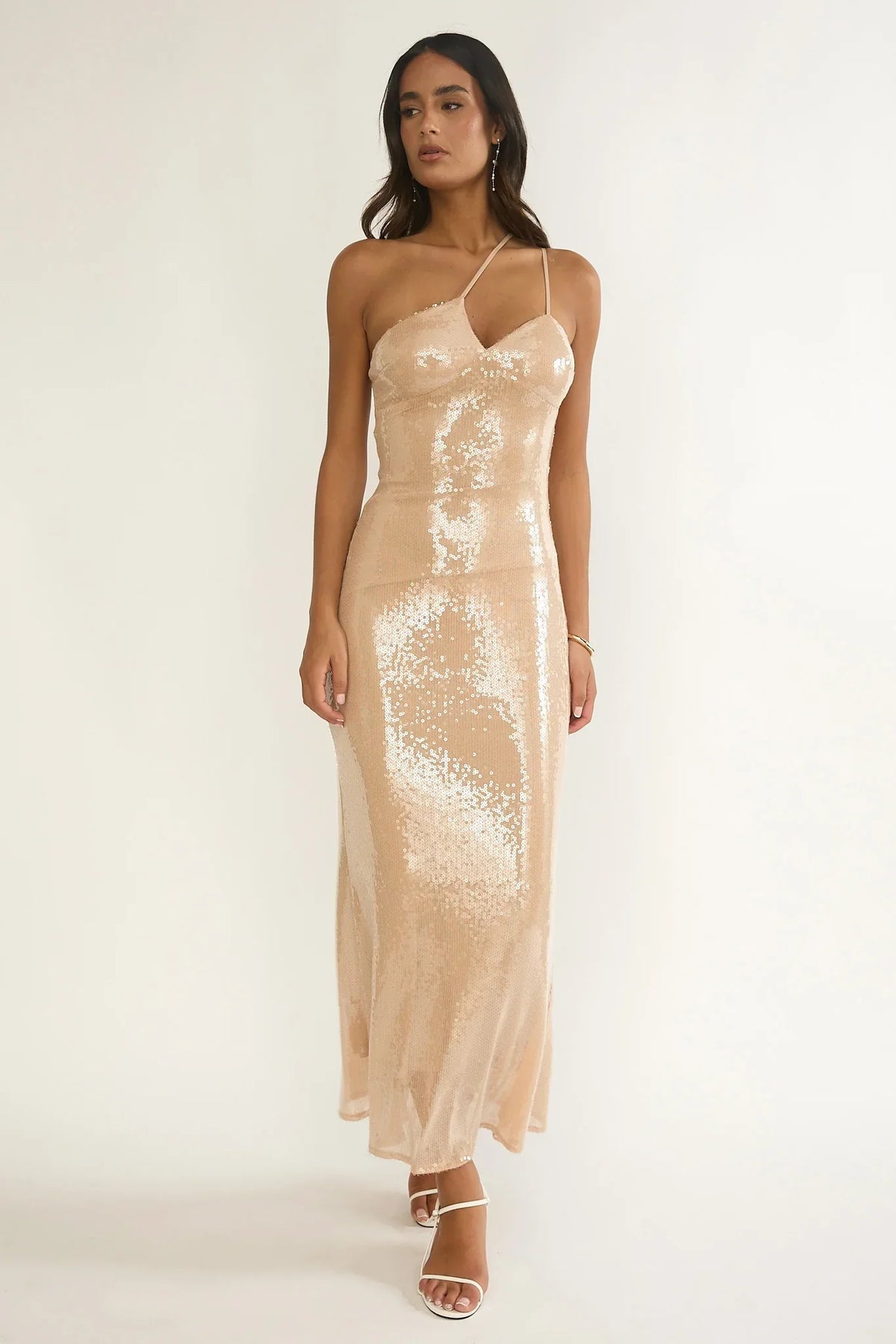 Roselyn One-Shoulder Sequin Maxi Dress Latte