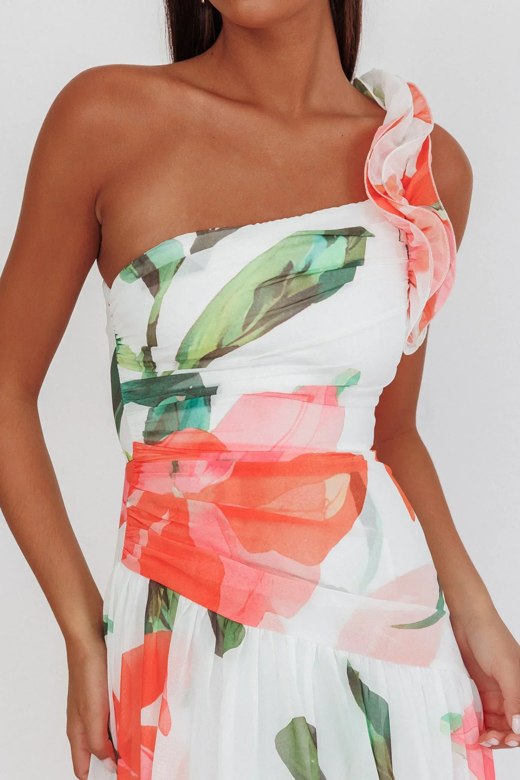 Kinley One-Shoulder Ruffle Maxi Dress Floral Red
