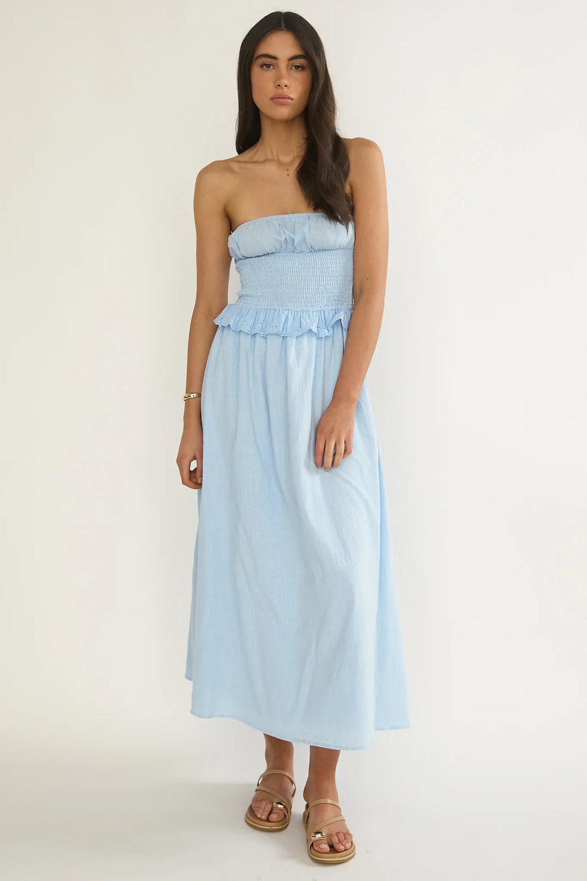 Lija Strapless Shirred Bodice Midi Dress Light Blue
