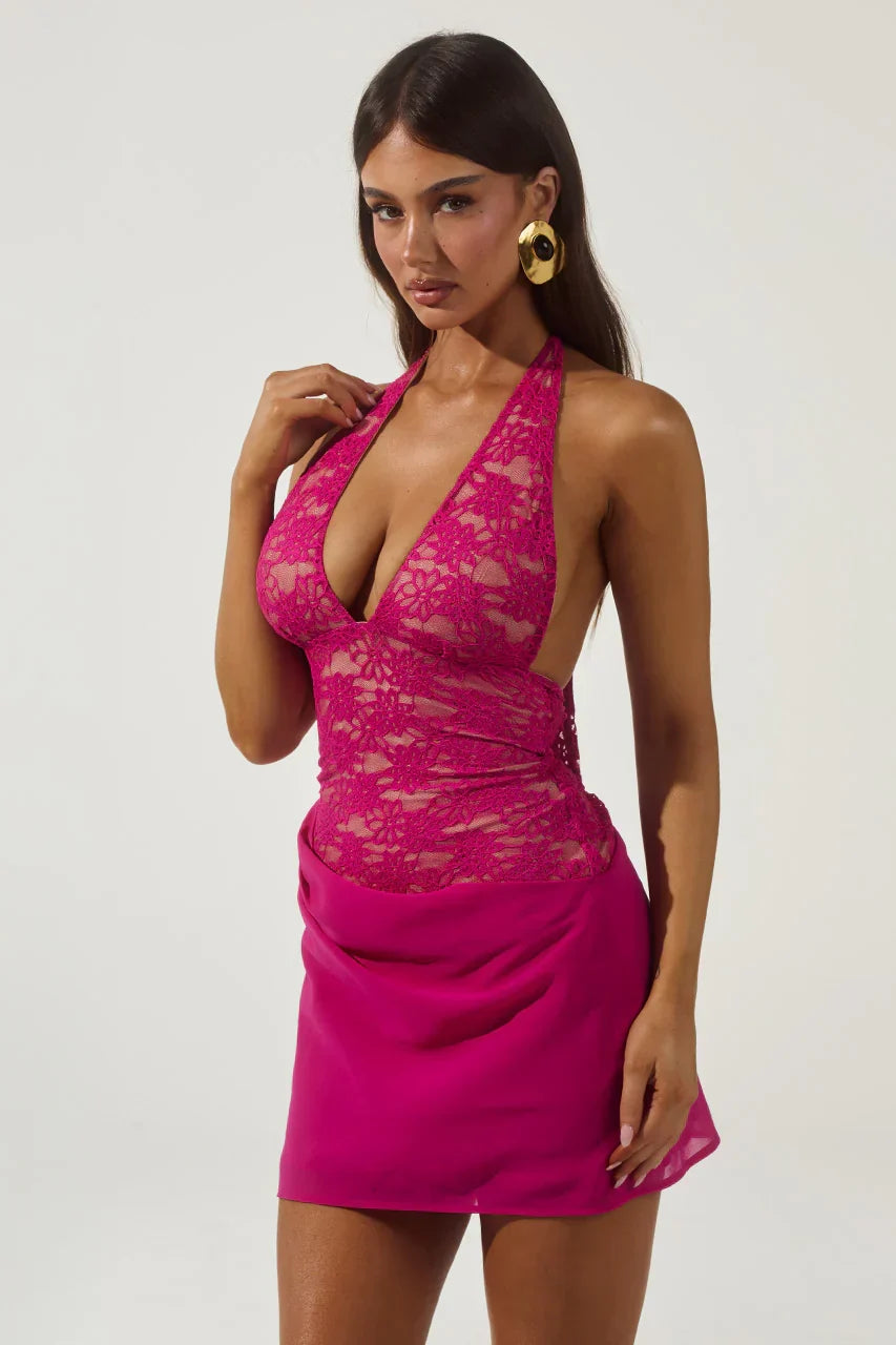 LINA HALTER DRAPED MINI DRESS - BERRY