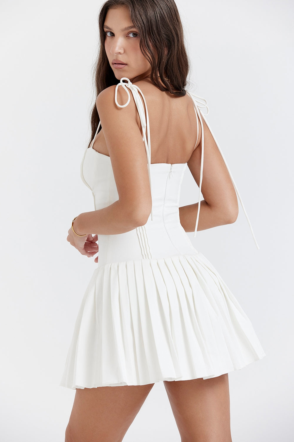 white pleated mini dress
