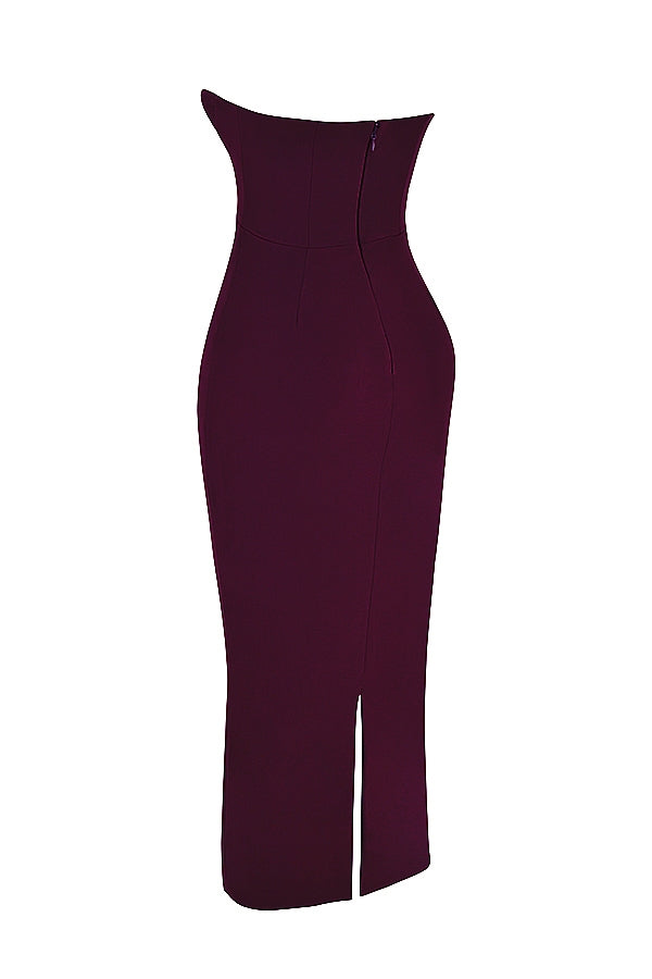 grape strapless corset maxi dress