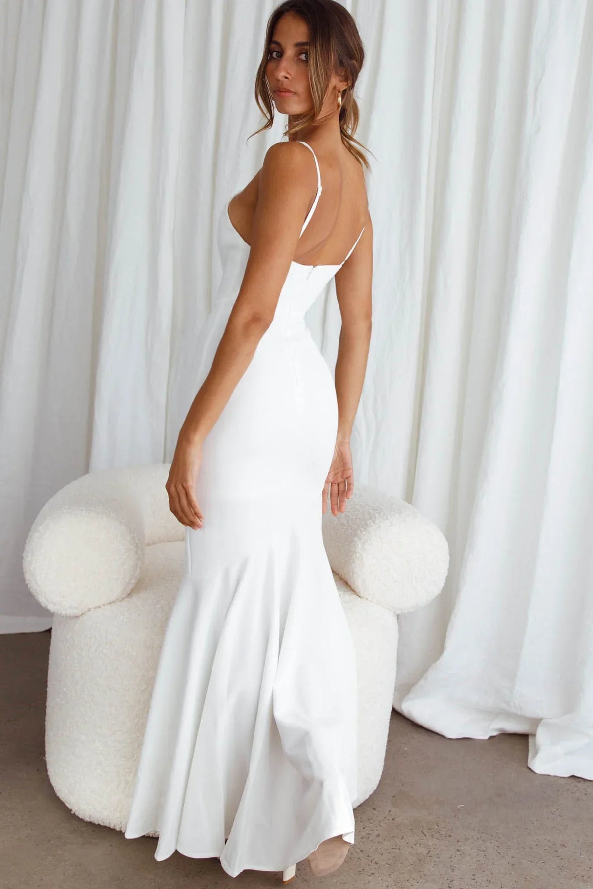 Darlene Front Split Flounce Hem Maxi Dress White