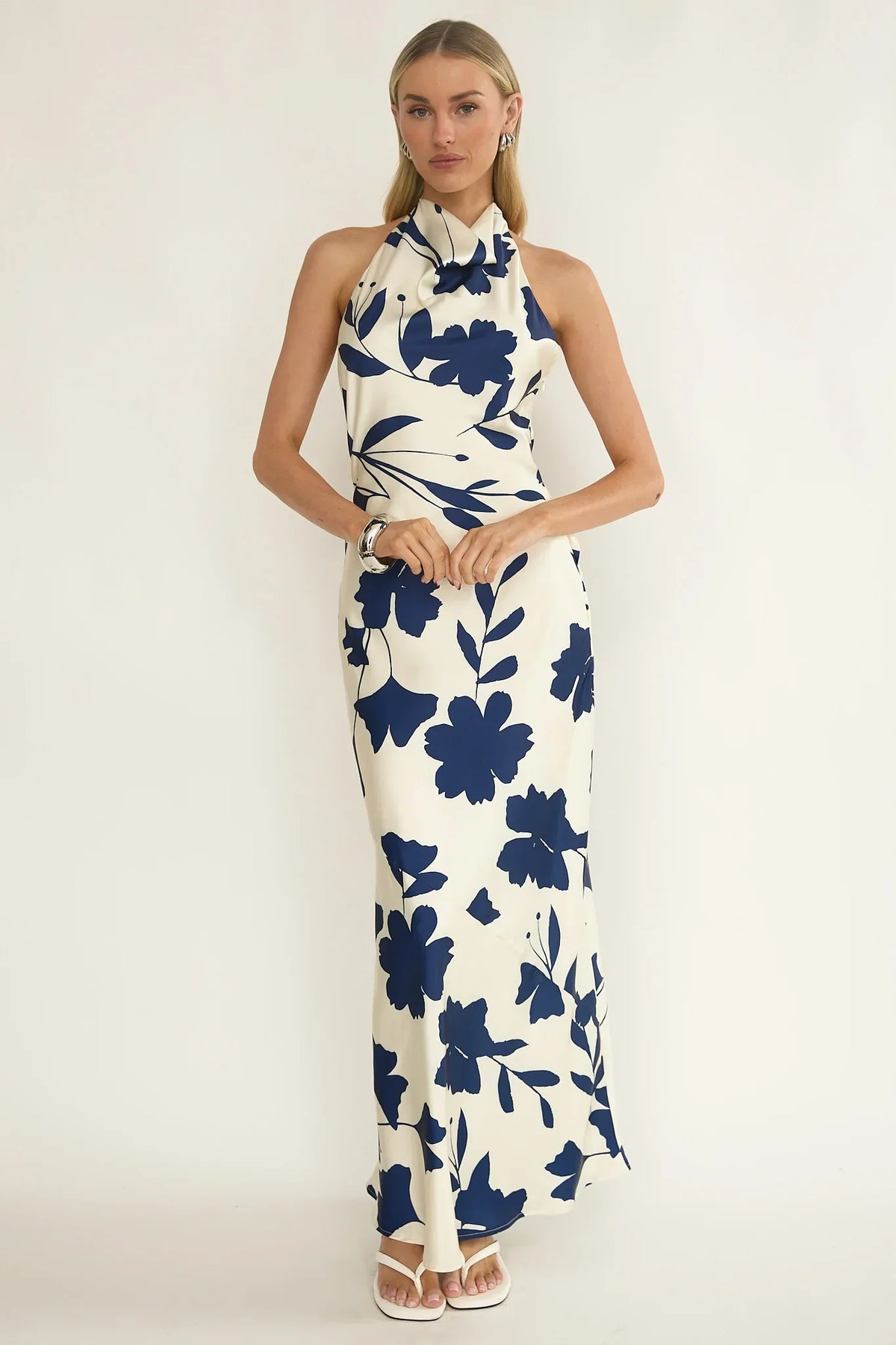 Elowis Cowl Halterneck Maxi Dress Floral Beige