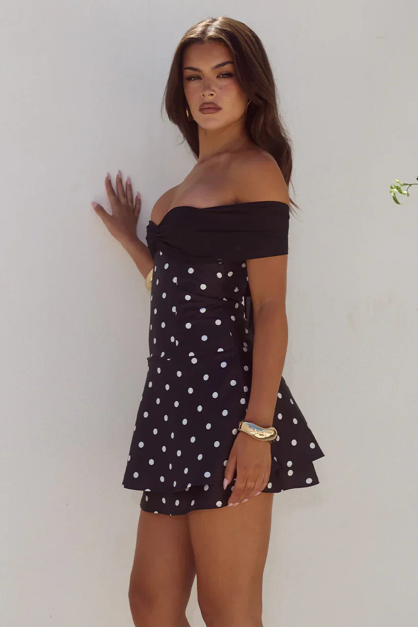 KADIE OFF SHOULDER MINI DRESS - BLACK/WHITE POLKA