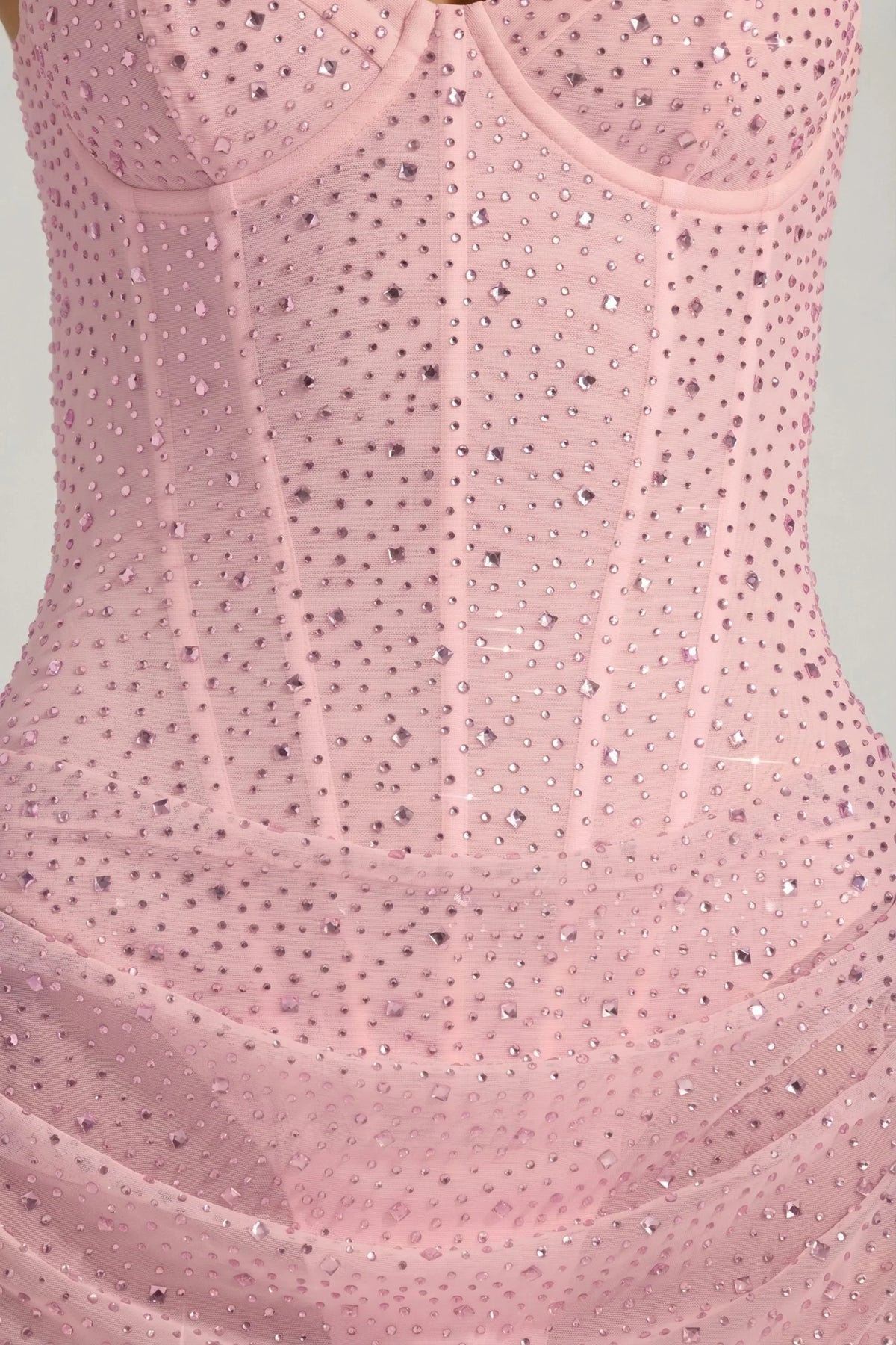 Semi-Sheer Embellished Draped Corset Mini Dress in Pink