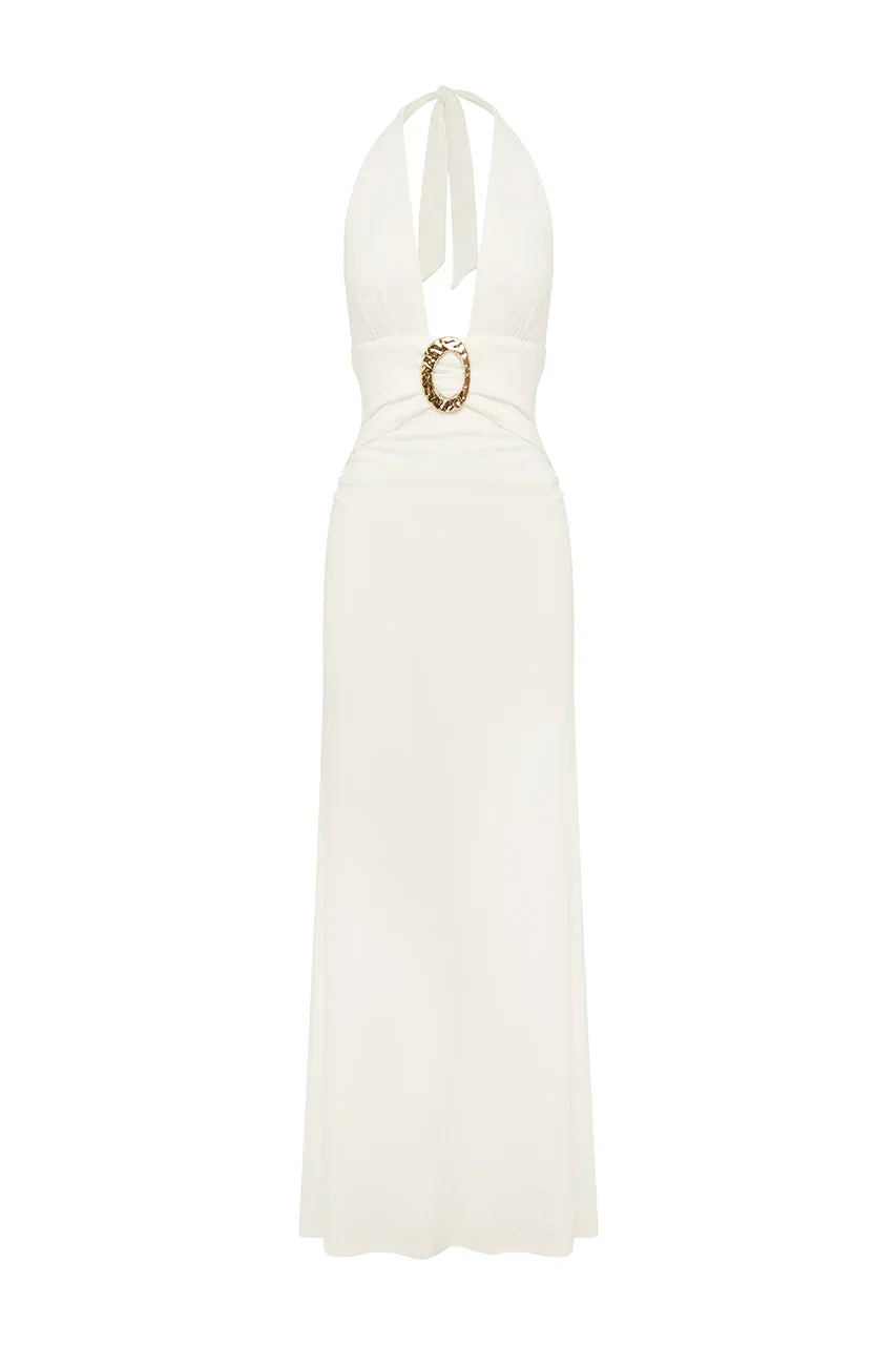 ARINA HALTER V-NECK MAXI DRESS - WHITE