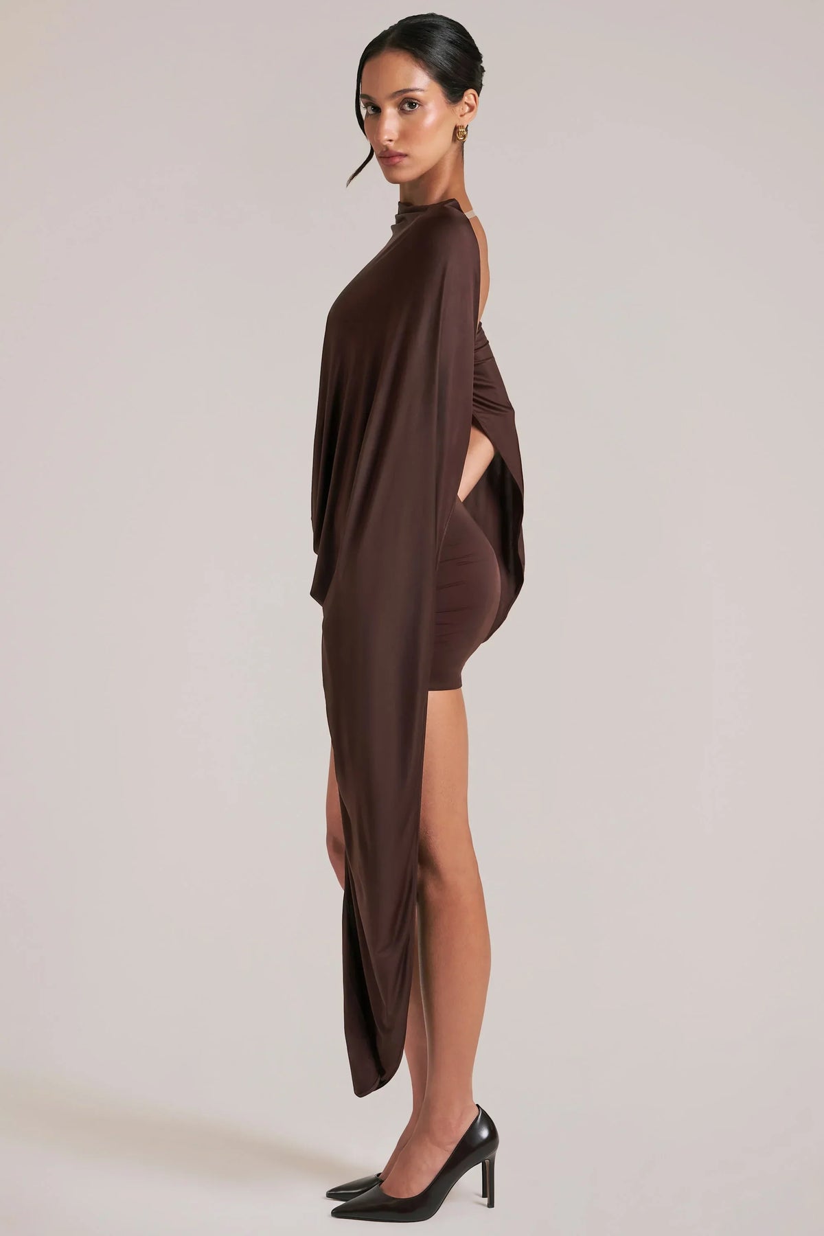 Draped Cape Mini Dress in Chocolate Brown