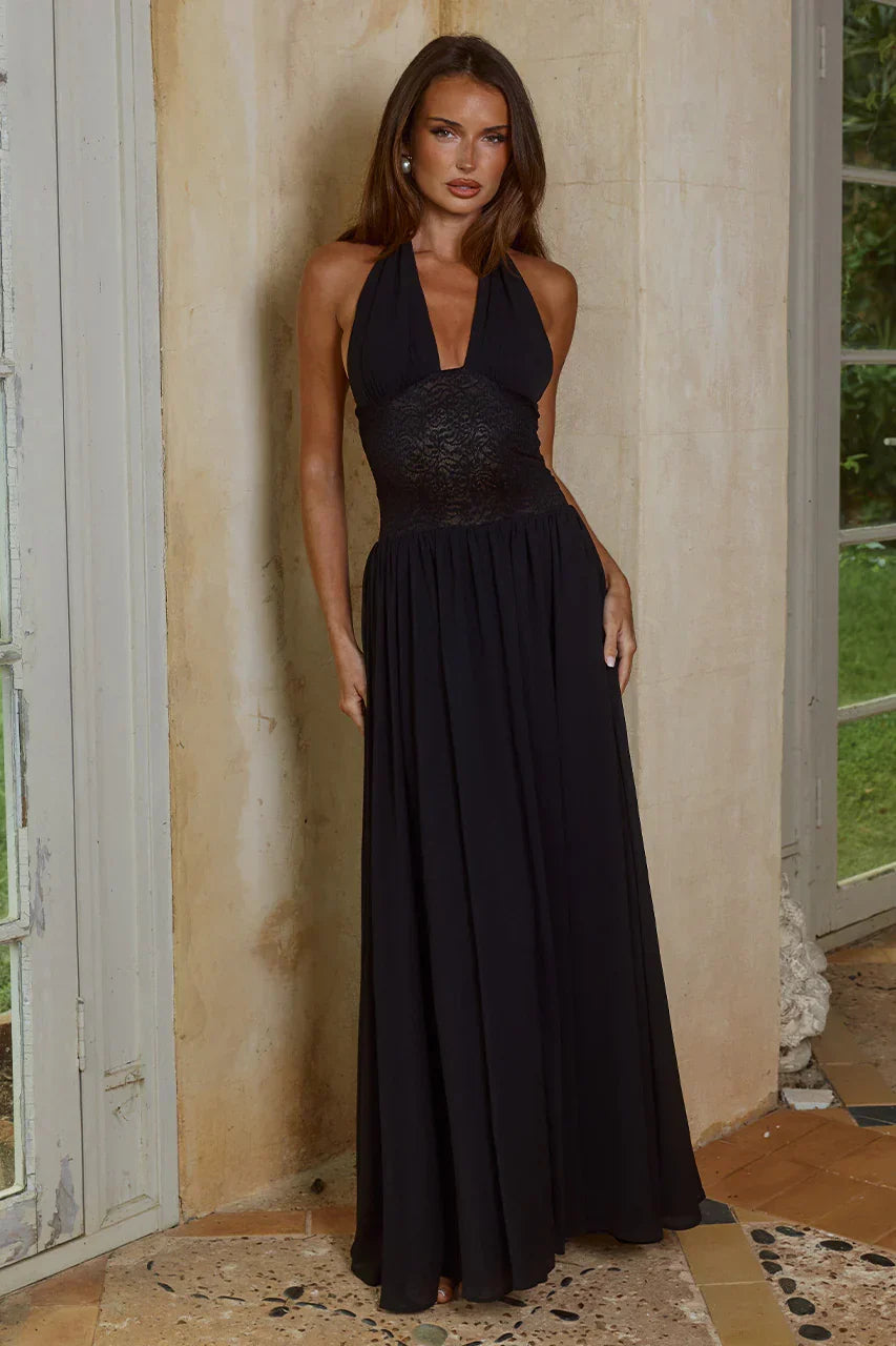 FERNANDA PLUNGE HALTER MAXI DRESS - BLACK
