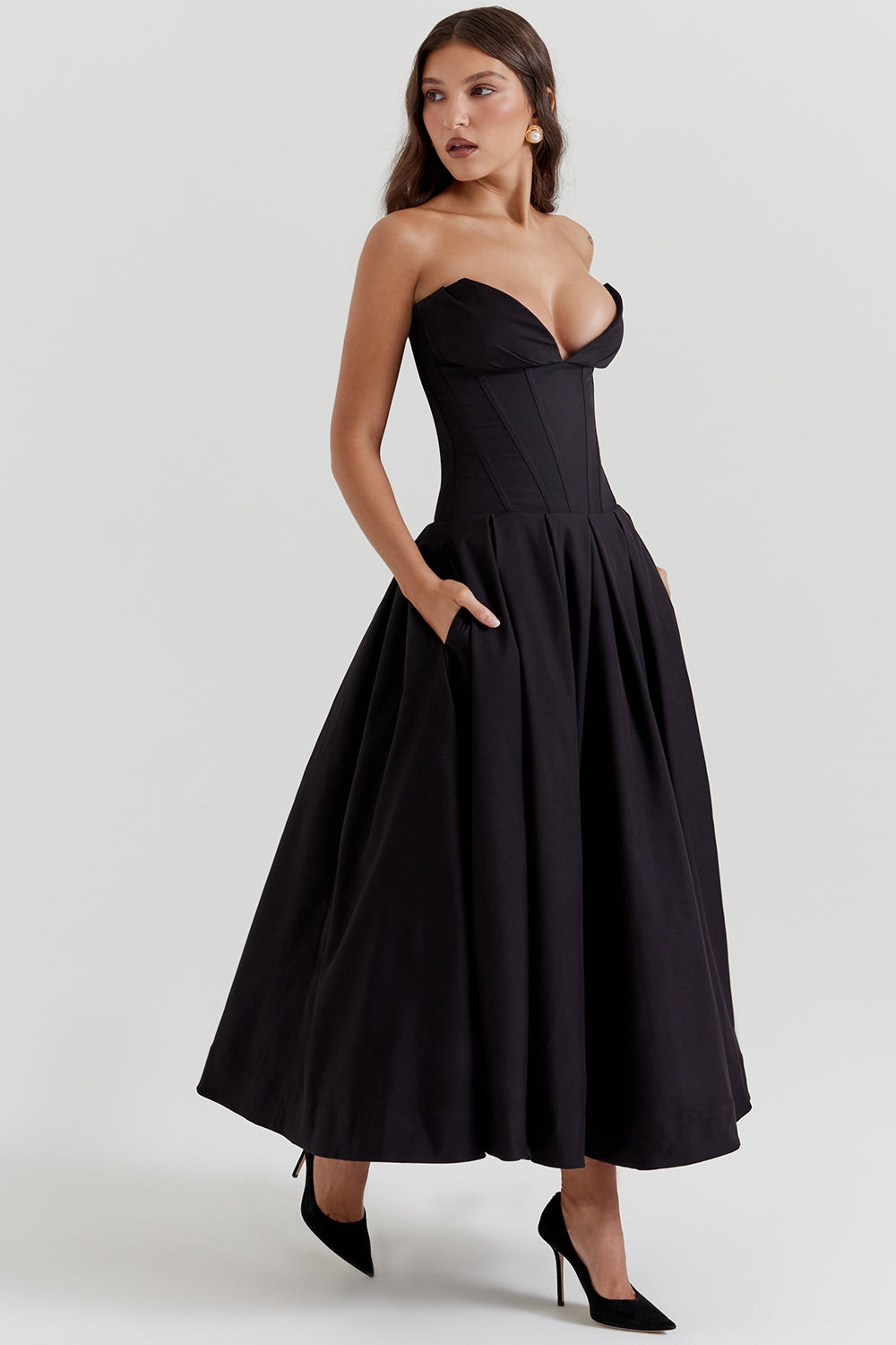 black strapless midi dress