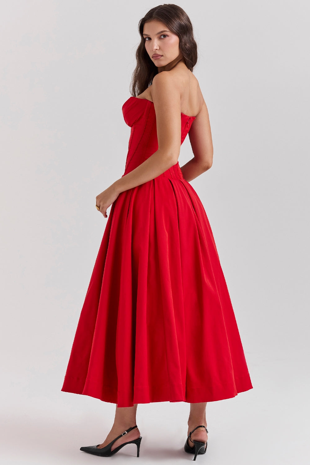 scarlet strapless midi dress