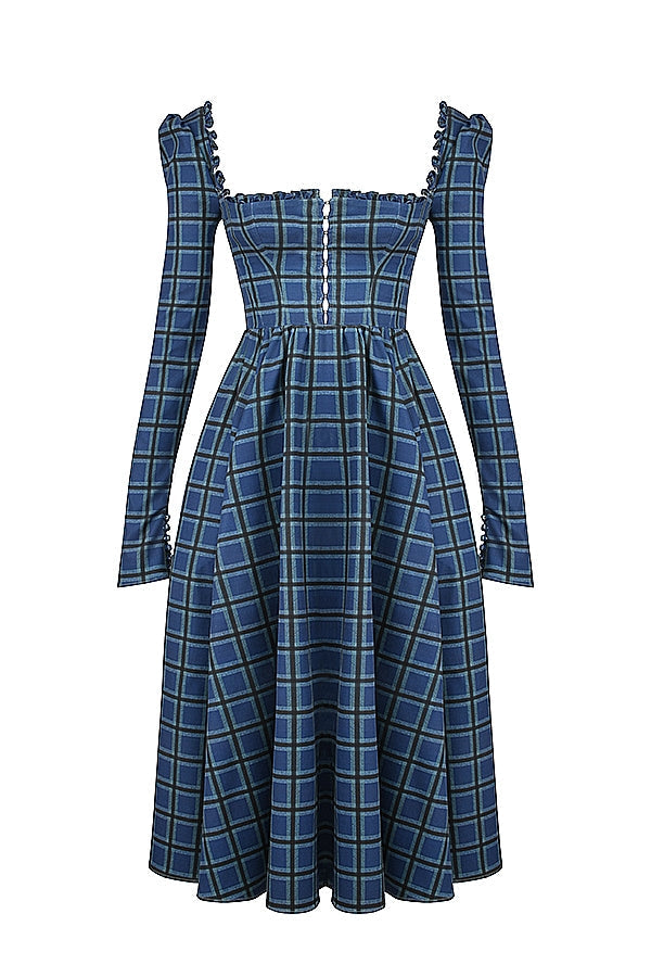 blue tartan midi dress