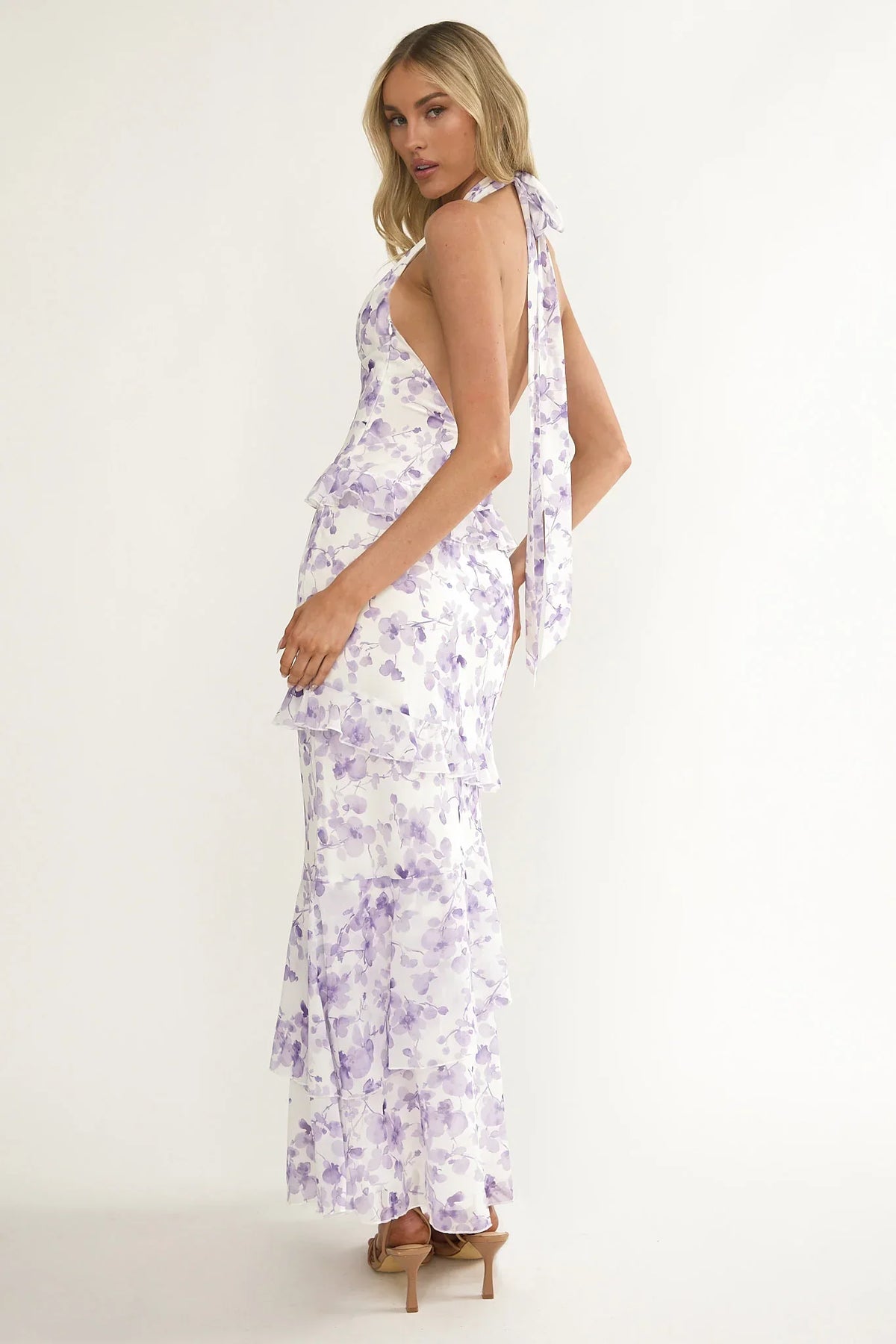 Cipriana Frill Trim Halter Maxi Dress Floral Purple