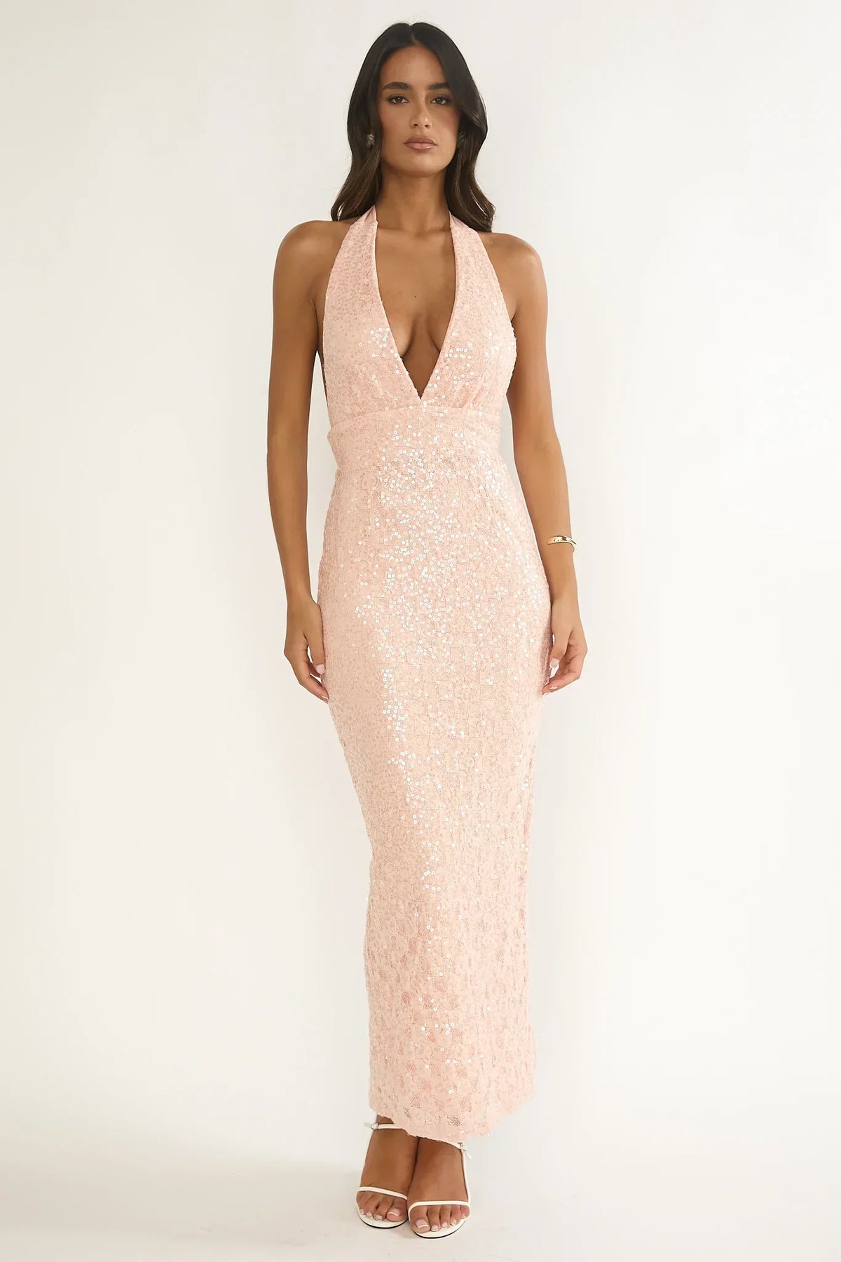 Cipriana Backless Halter Maxi Dress Sequin Pink