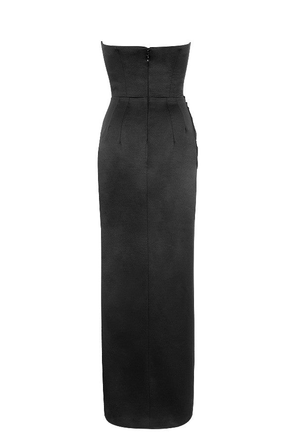 black satin strapless corset maxi