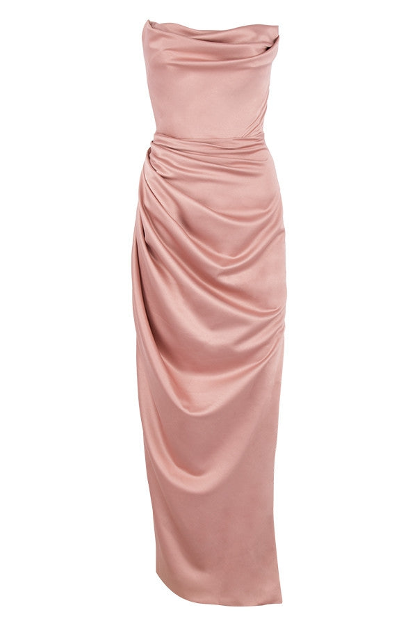 blush satin strapless gown