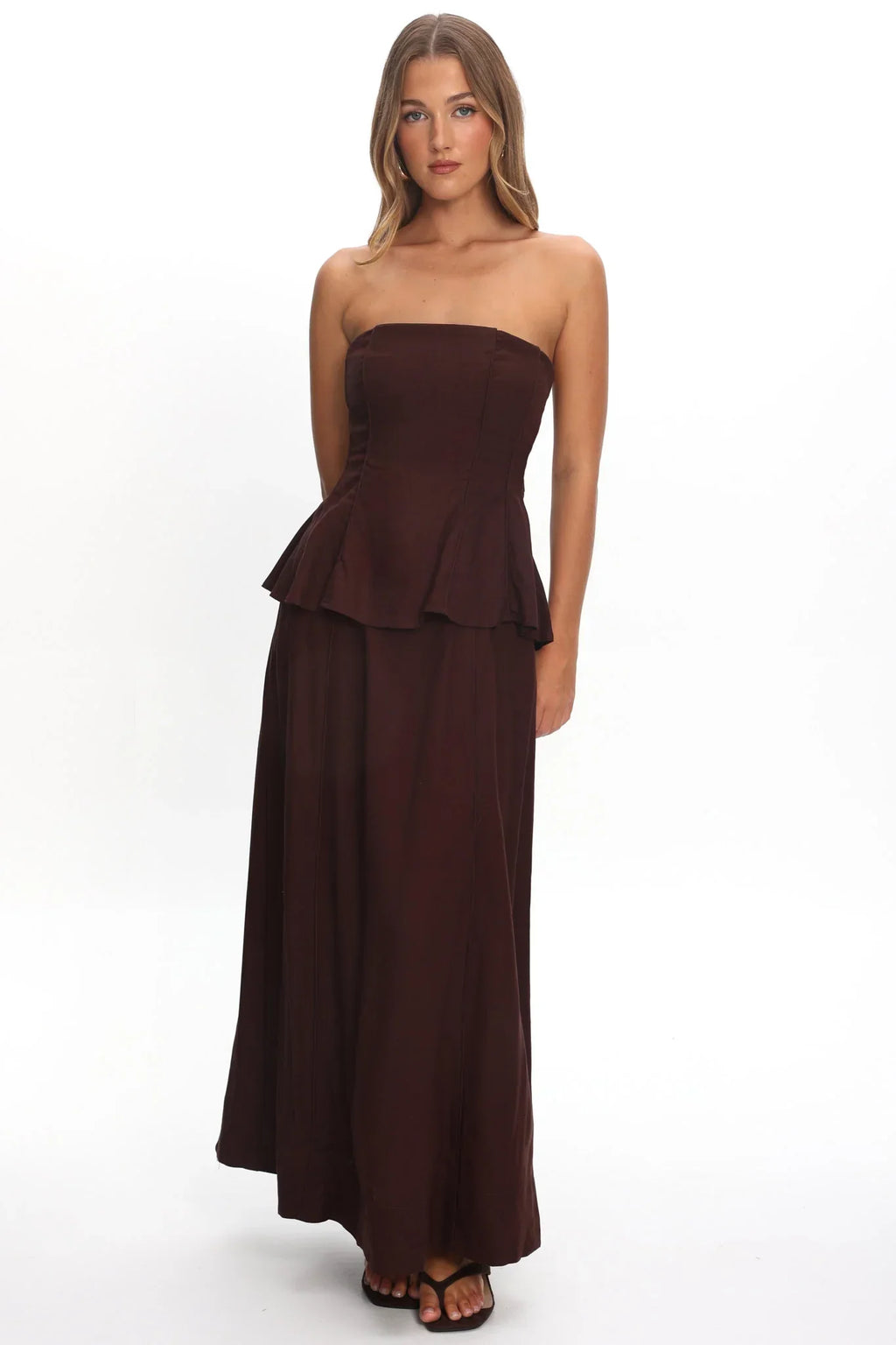 Synthia Peplum Waist Maxi Dress Chocolate