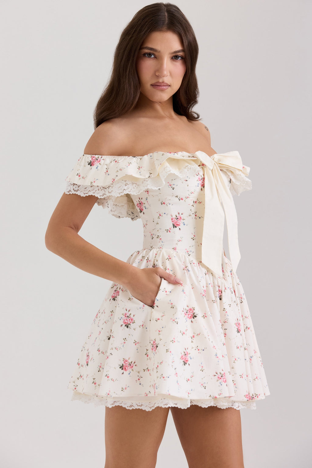 stretch cotton floral print off shoulder corset mini dress