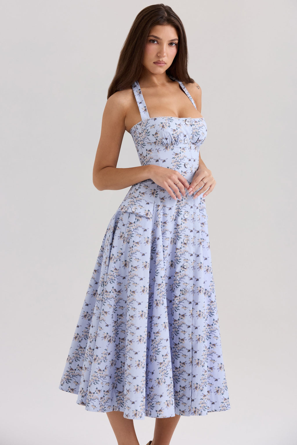 blue floral print stretch cotton halter neck midi dress