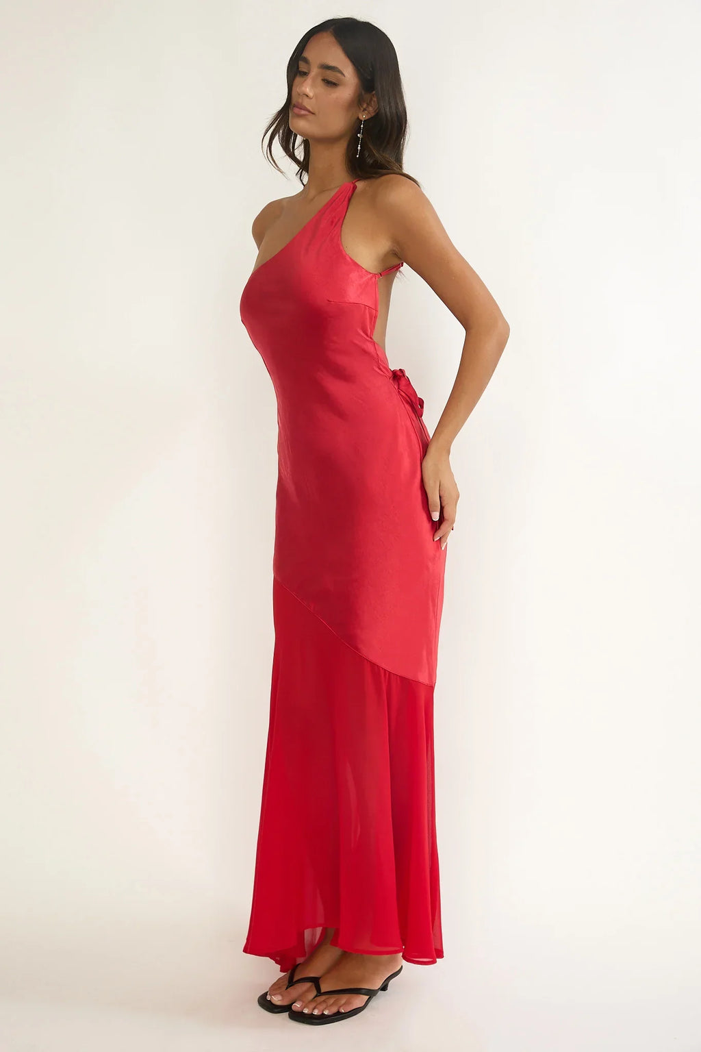 Mireya One-Shoulder Sheer Hem Maxi Dress Red