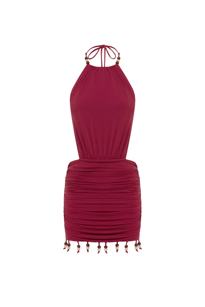 IMELDA HIGH NECK MINI DRESS - CHERRY
