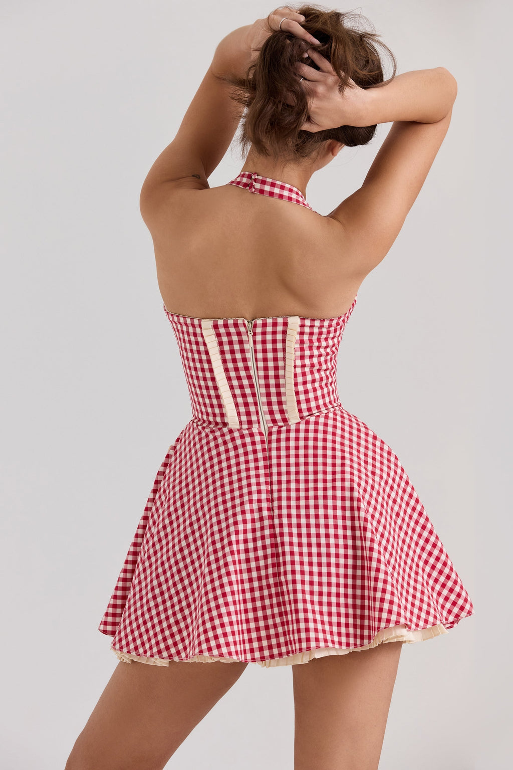 red gingham cotton halter neck mini dress
