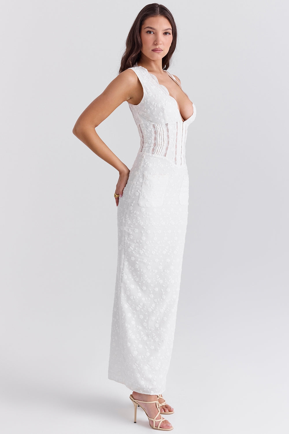 white cotton broderie anglais plunge maxi dress
